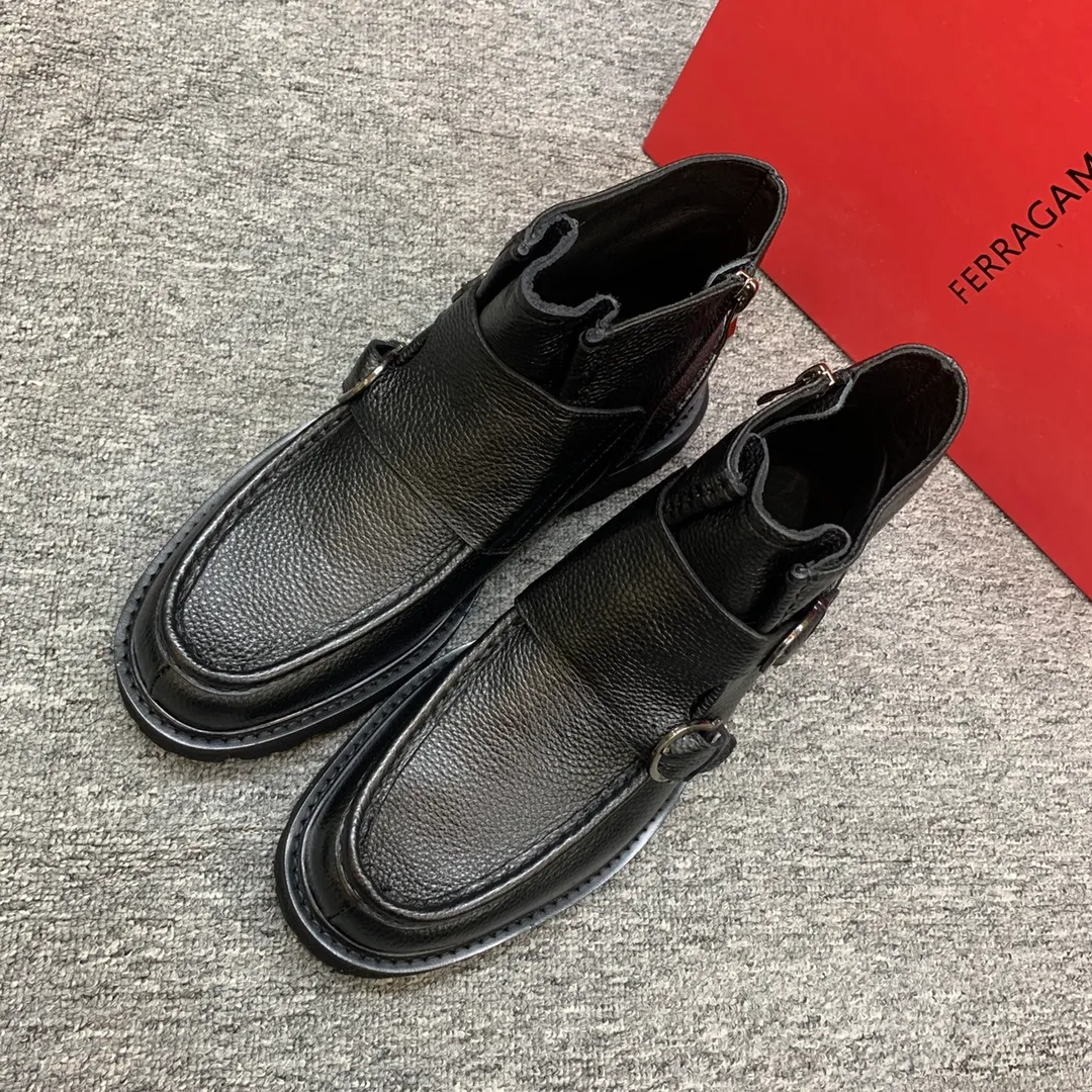 Men's shoes 💰960 🎁🎁🎁😈[Ferragamo] Men's high-top boots, the latest hot style, 1:1 original purchase quality, top quality, imported cowhide for the uppers, imported cowhide for the lining and feet, with original lightweight foam outsole, matching code 39-44, (38, 45 custom-made, non-refundable)